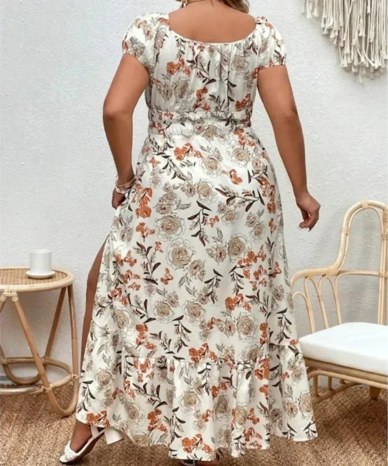 Vestido Plus Size Longo Estampado Floral Casual em Poliéster - Verão Fresco