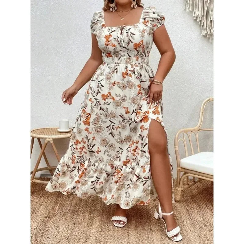 Vestido Plus Size Longo Estampado Floral Casual em Poliéster - Verão Fresco