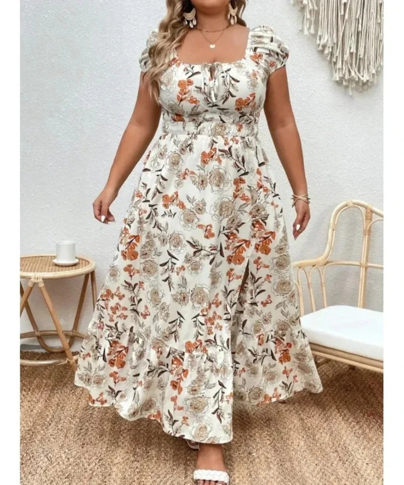 Vestido Plus Size Longo Estampado Floral Casual em Poliéster - Verão Fresco