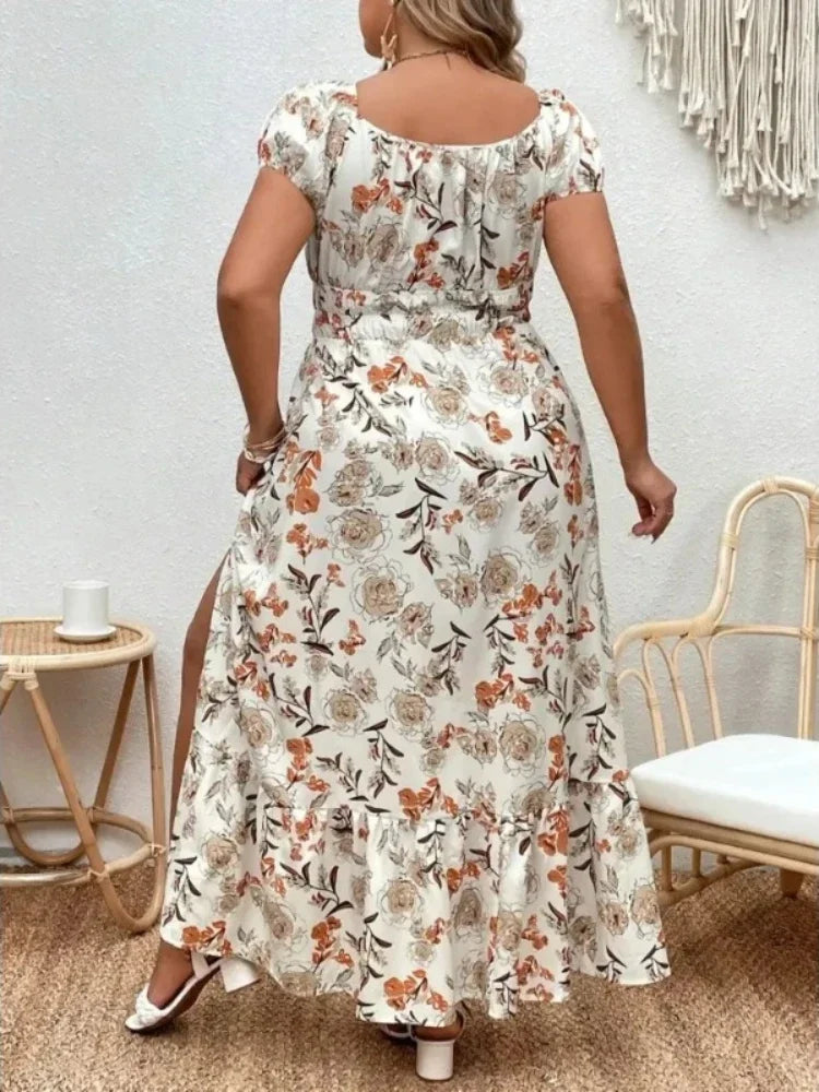 Vestido Plus Size Longo Estampado Floral Casual em Poliéster - Verão Fresco